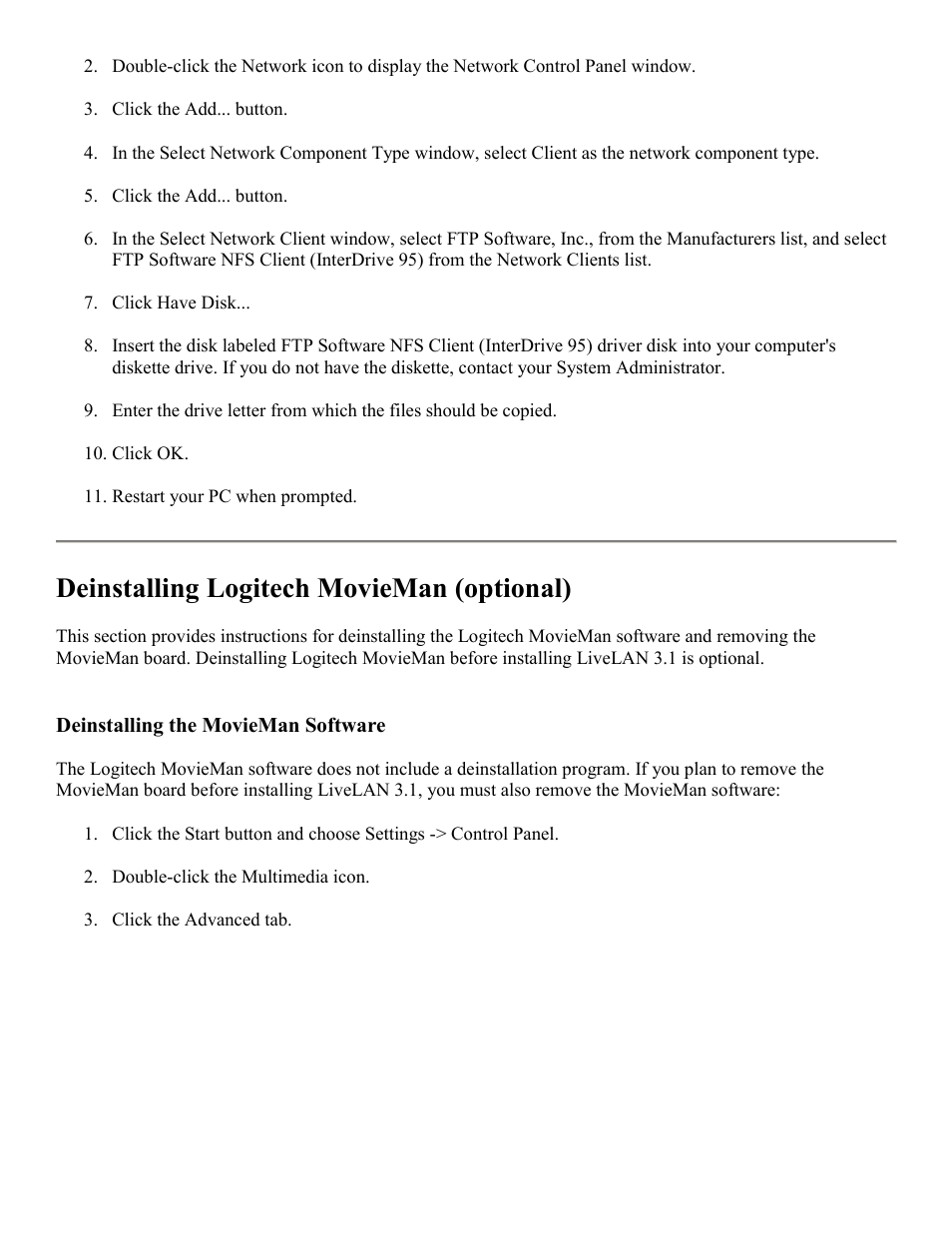 Deinstalling logitech movieman (optional) | PictureTel LIVELAN 2 User Manual | Page 14 / 18