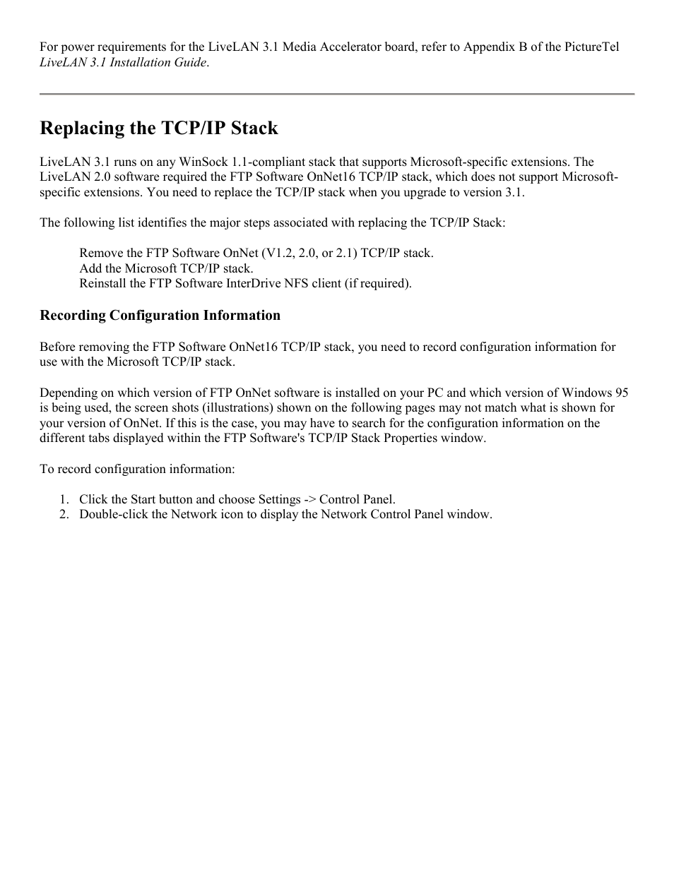 Replacing the tcp/ip stack | PictureTel LIVELAN 2 User Manual | Page 4 / 18