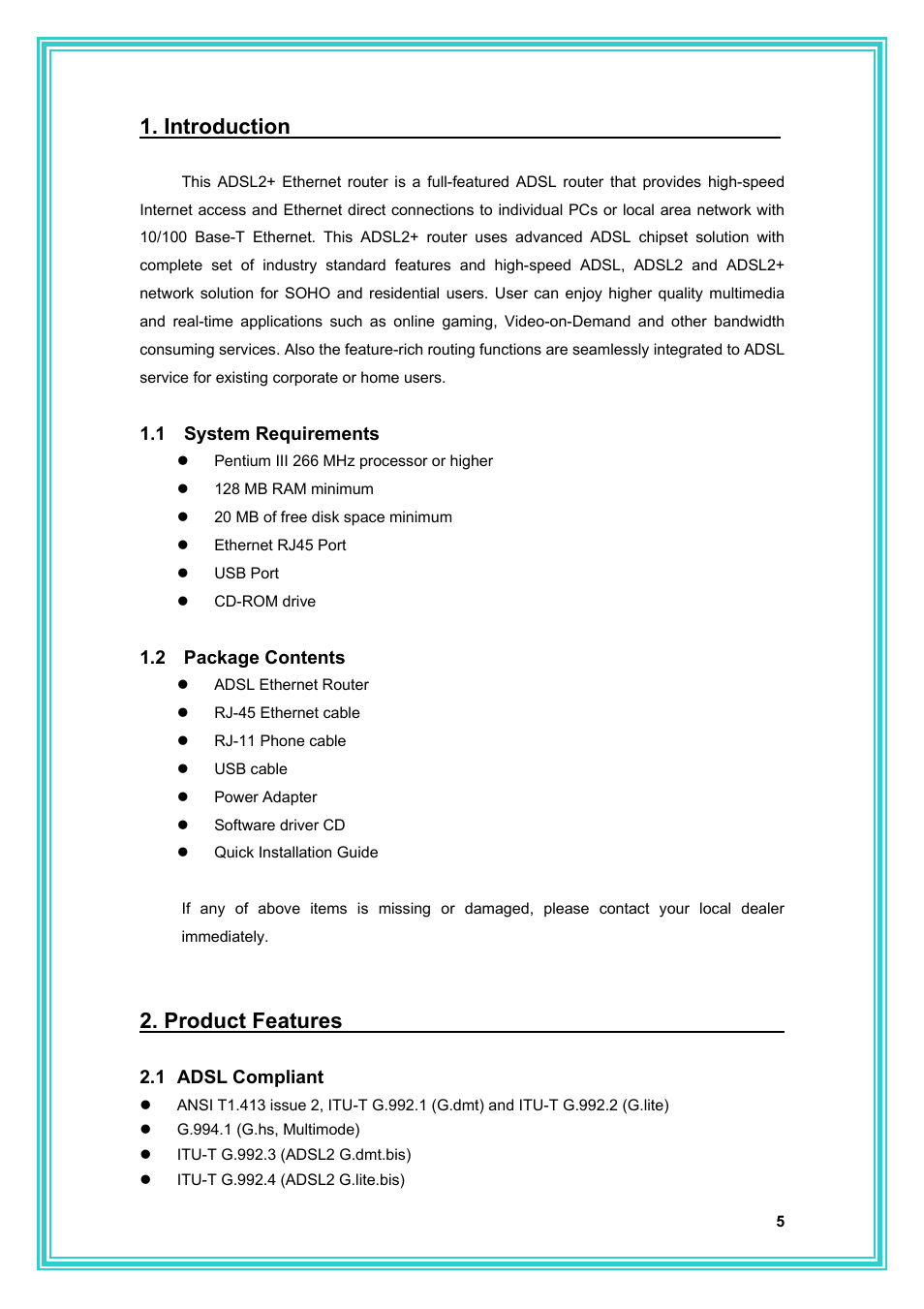 Introduction, Product features | PC Concepts Full-Rated Router ADSL2+ User Manual | Page 6 / 104