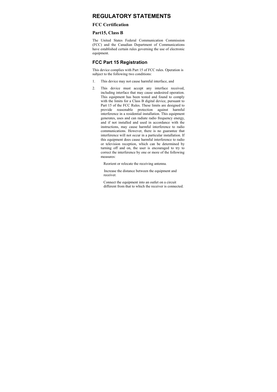 Regulatory statements, Fcc certification part15, class b, Fcc part 15 registration | PC Concepts USB 2.0 4-Port HUB TU2-400 User Manual | Page 2 / 9