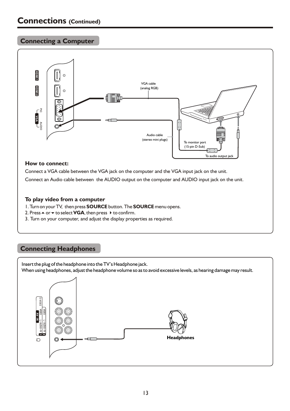 Connections, Connecting headphones, Connecting a computer | Palsonic HDMI TFTV812A User Manual | Page 15 / 33