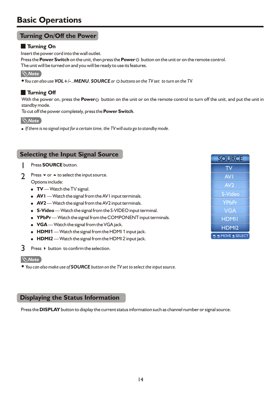 Instruction manual tftv812a partb, Basic operations, Displaying the status information | Source | Palsonic HDMI TFTV812A User Manual | Page 16 / 33