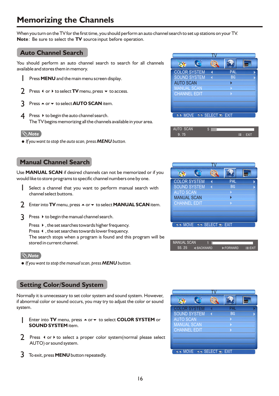 Auto channel search, Manual channel search, Setting color/sound system | Palsonic HDMI TFTV812A User Manual | Page 18 / 33