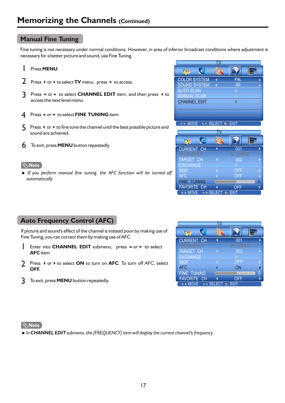 Auto frequency control (afc), Manual fine tuning | Palsonic HDMI TFTV812A User Manual | Page 19 / 33