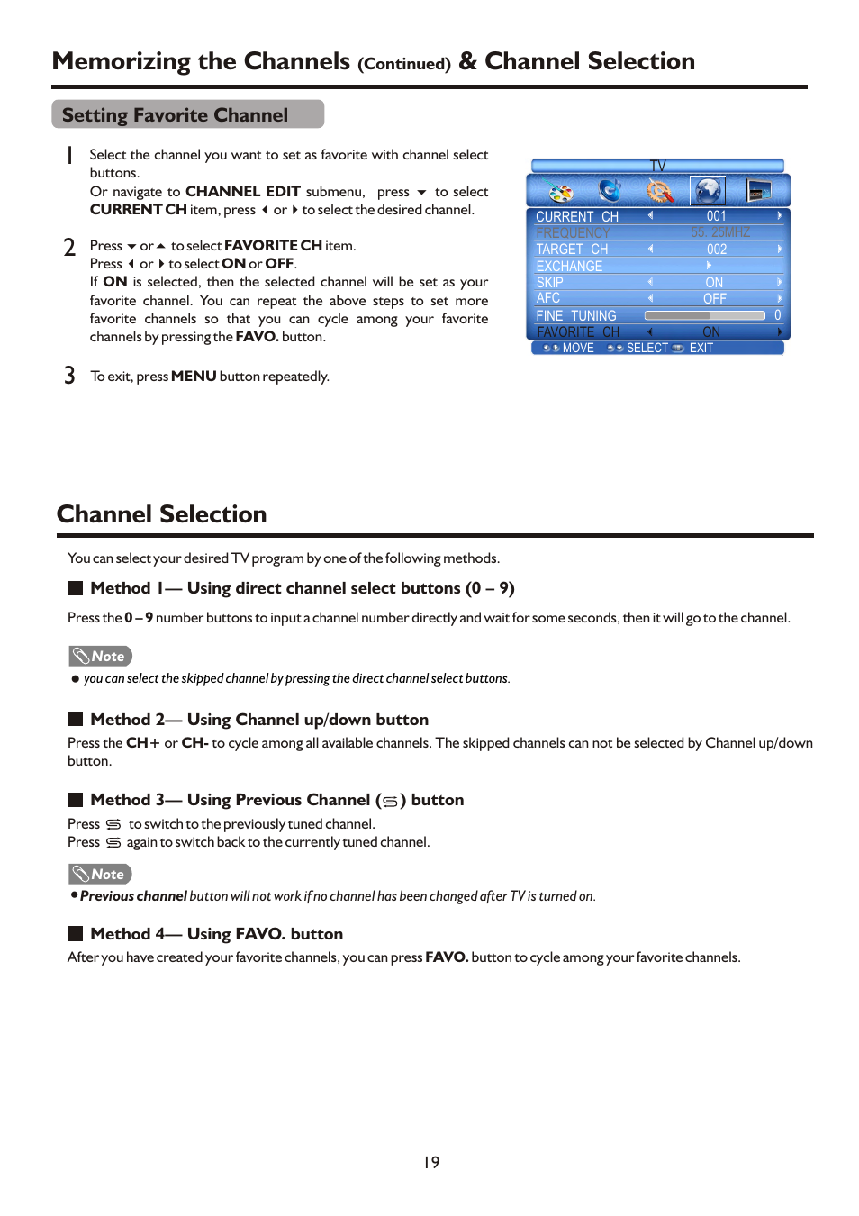 Instruction manual tftv812a partc, Channel selection, Setting favorite channel | Palsonic HDMI TFTV812A User Manual | Page 21 / 33
