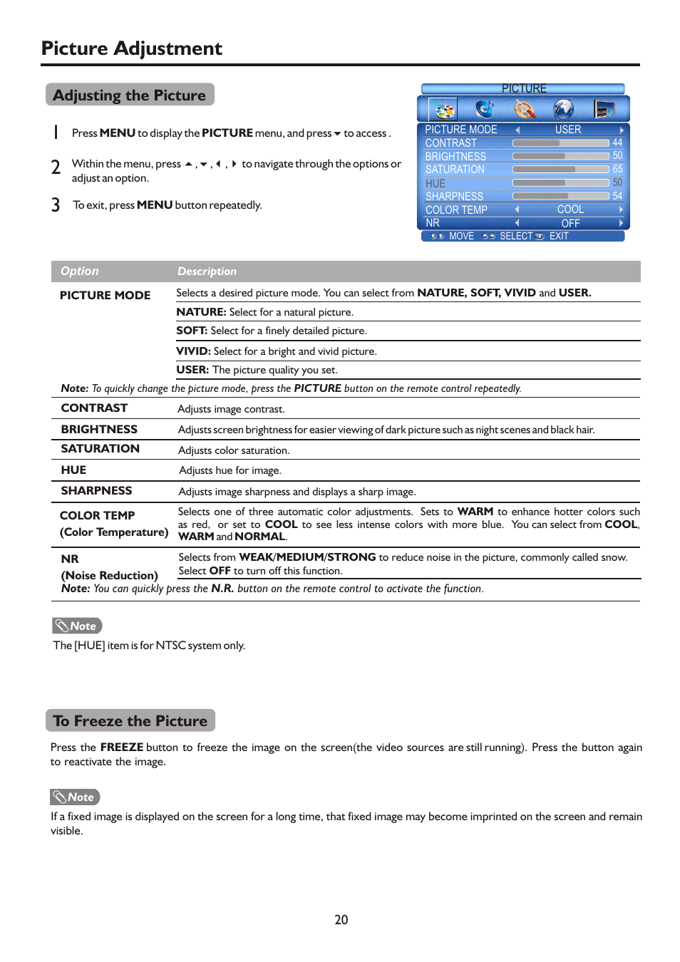 Picture adjustment 1 3, Adjusting the picture | Palsonic HDMI TFTV812A User Manual | Page 22 / 33