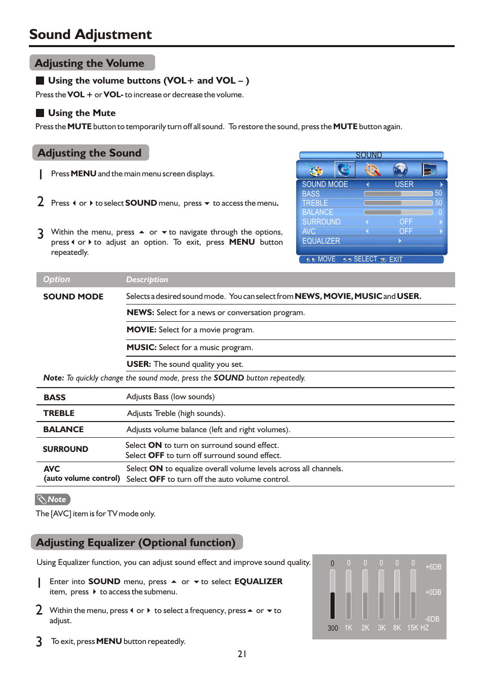 Sound adjustment 1 3, Adjusting the sound, Adjusting the volume | Adjusting equalizer (optional function) | Palsonic HDMI TFTV812A User Manual | Page 23 / 33