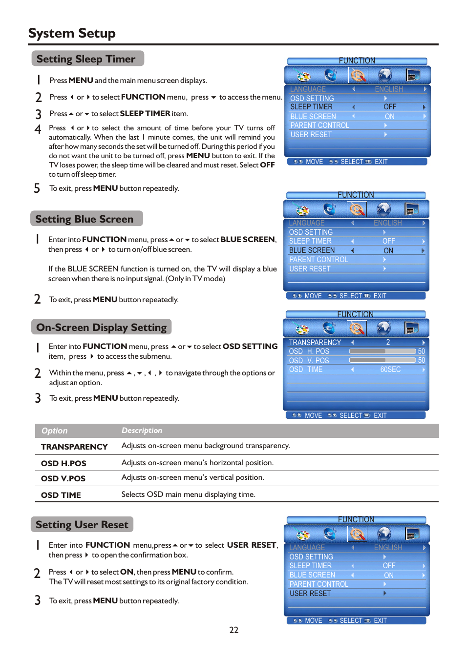System setup, On-screen display setting, Setting blue screen | Setting sleep timer, Setting user reset | Palsonic HDMI TFTV812A User Manual | Page 24 / 33
