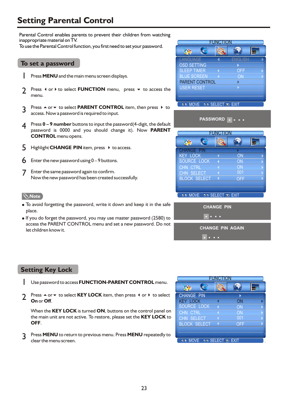 Setting parental control, Setting key lock | Palsonic HDMI TFTV812A User Manual | Page 25 / 33