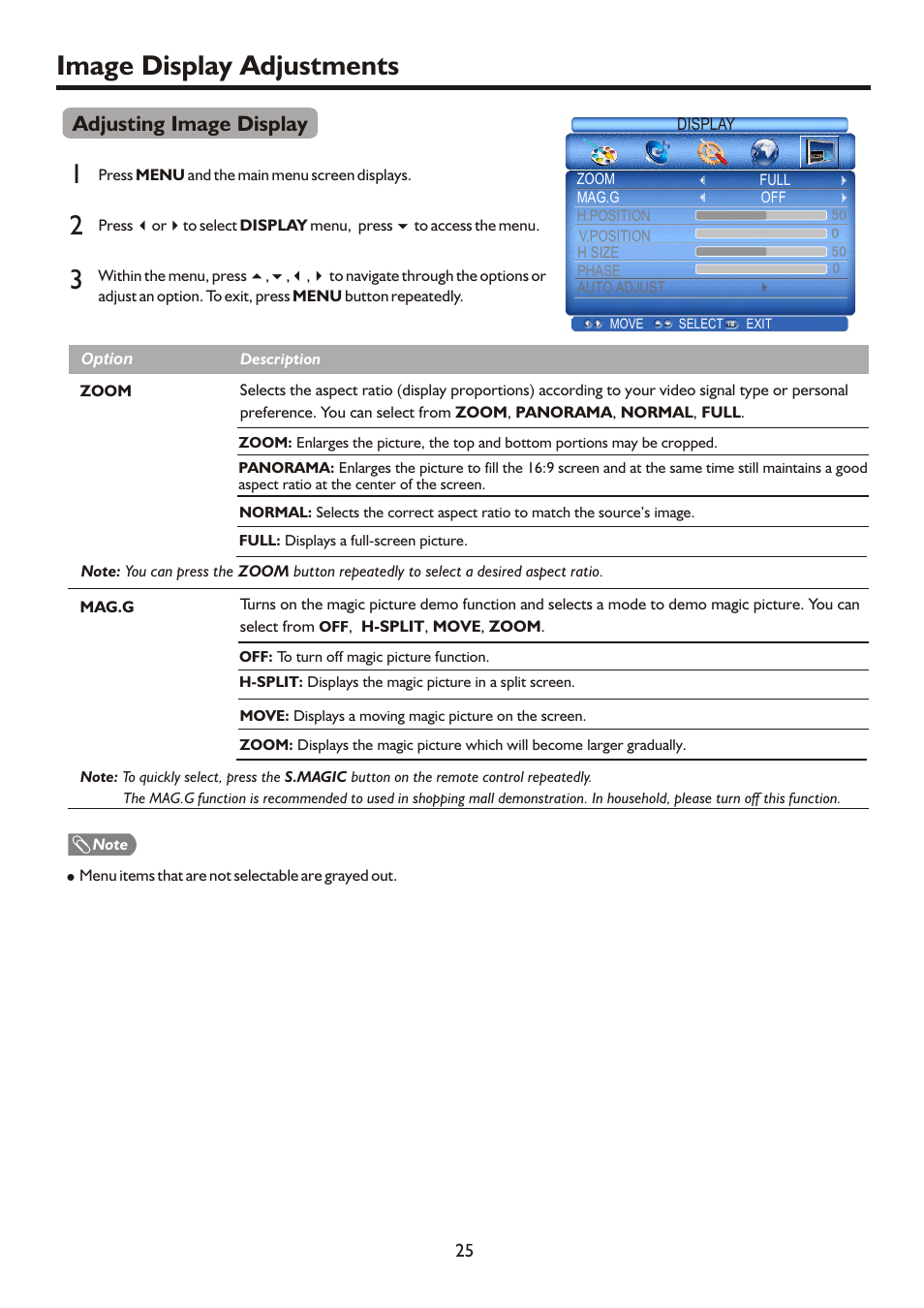 Image display adjustments, Adjusting image display | Palsonic HDMI TFTV812A User Manual | Page 27 / 33