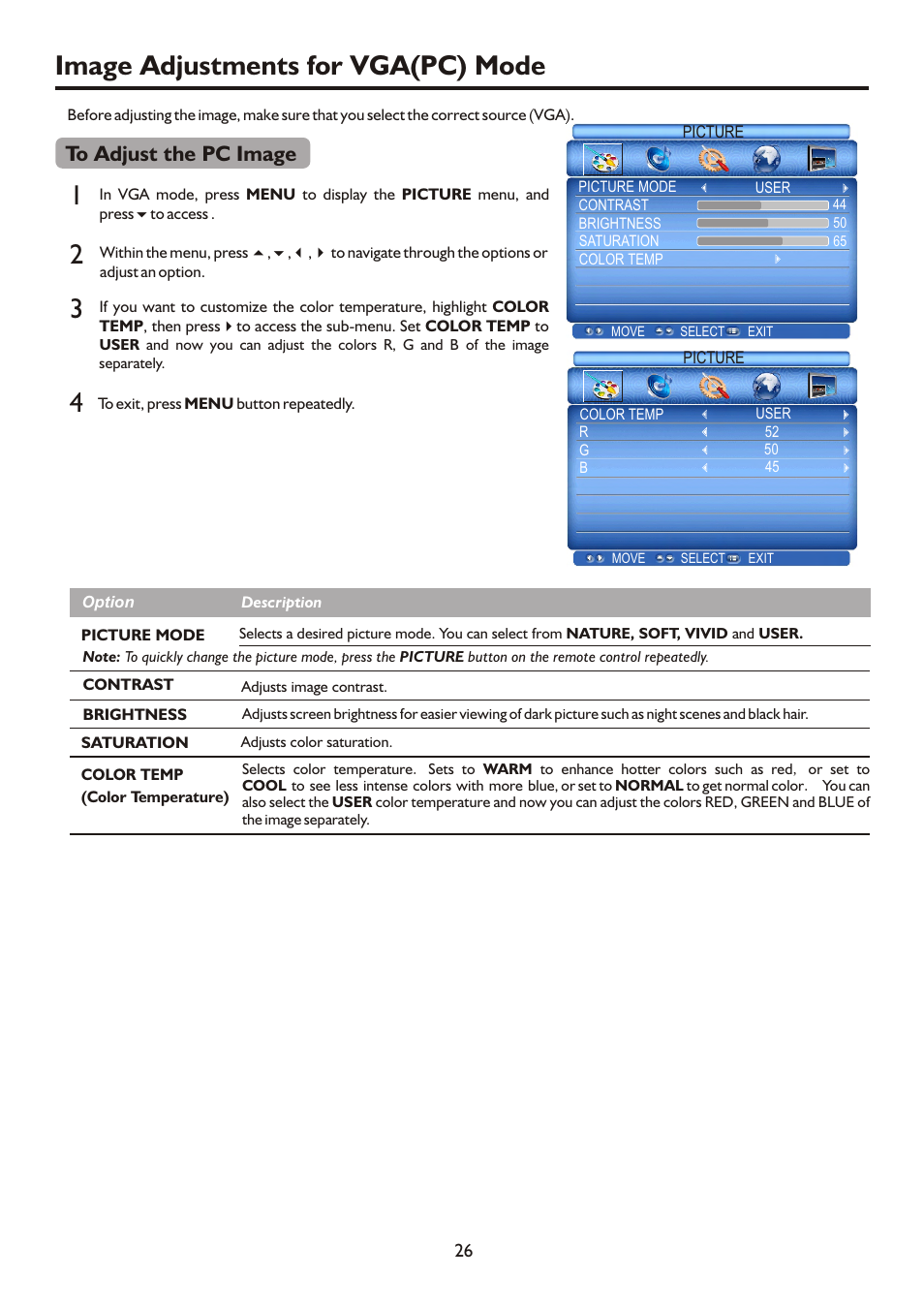 Image adjustments for vga(pc) mode 1 3 2 | Palsonic HDMI TFTV812A User Manual | Page 28 / 33