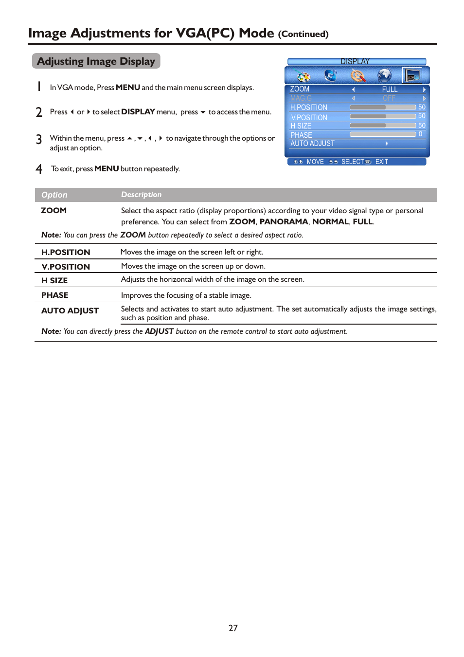 Image adjustments for vga(pc) mode, Adjusting image display | Palsonic HDMI TFTV812A User Manual | Page 29 / 33