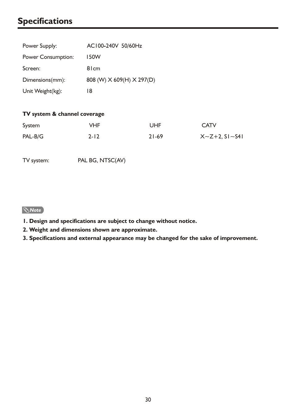 Specifications | Palsonic HDMI TFTV812A User Manual | Page 32 / 33
