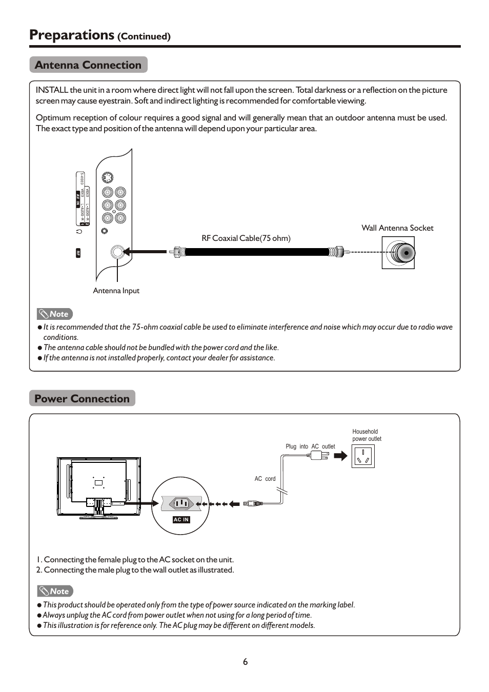 Preparations, Antenna connection, Power connection | Palsonic HDMI TFTV812A User Manual | Page 8 / 33