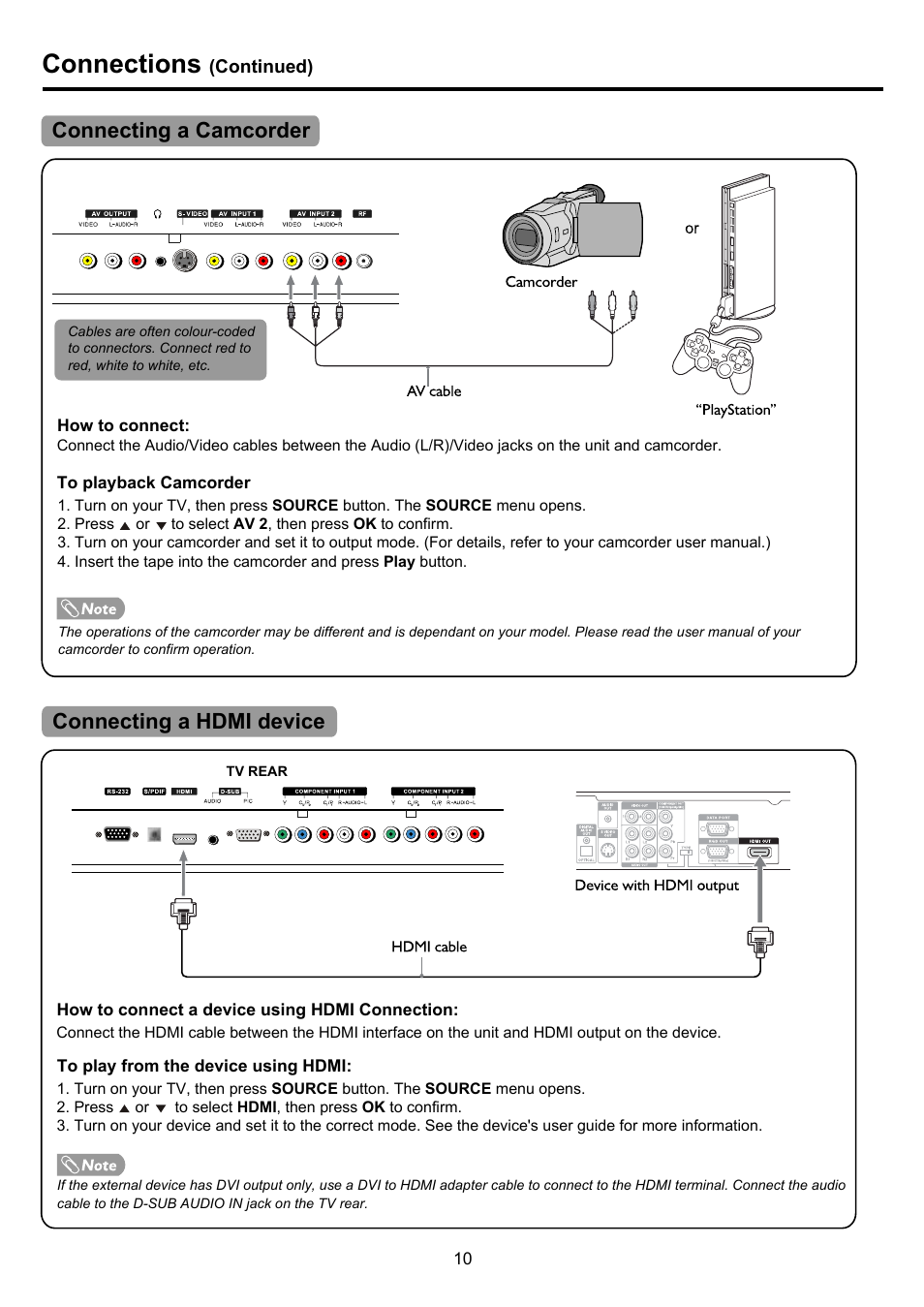 Pdp4290hd-10 copy, Connections, Connecting a camcorder connecting a hdmi device | Palsonic PDP4290HD User Manual | Page 12 / 32
