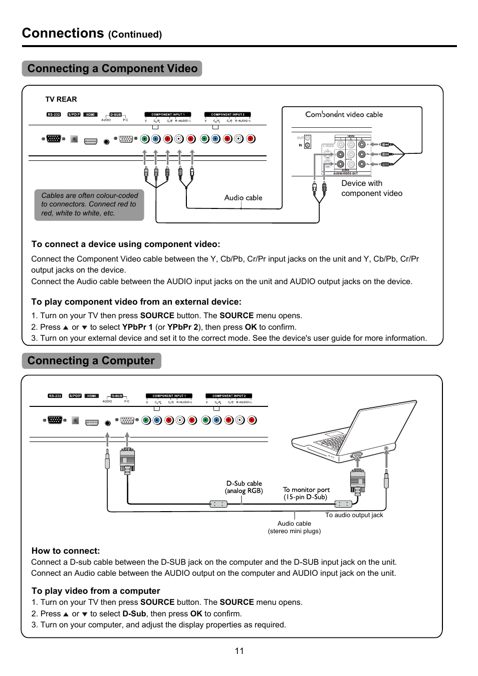 Pdp4290hd-11 copy, Connections, Connecting a computer connecting a component video | Palsonic PDP4290HD User Manual | Page 13 / 32