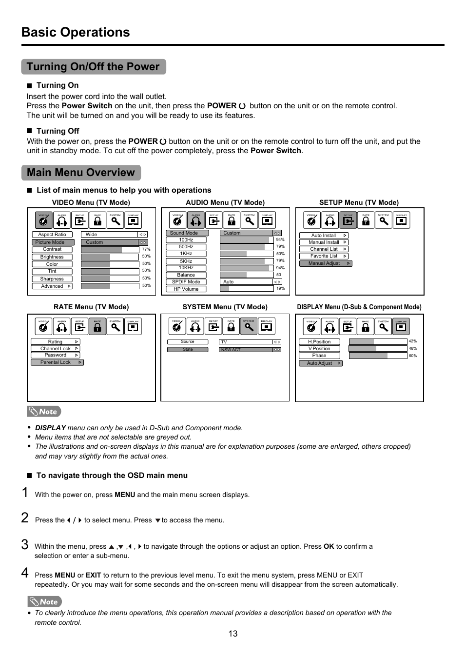 Pdp4290hd-13 copy, Basic operations, Turning on/off the power main menu overview | Palsonic PDP4290HD User Manual | Page 15 / 32