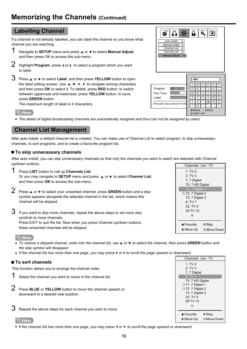 Pdp4290hd-16 copy, Labelling channel channel list management, Continued) | Palsonic PDP4290HD User Manual | Page 18 / 32