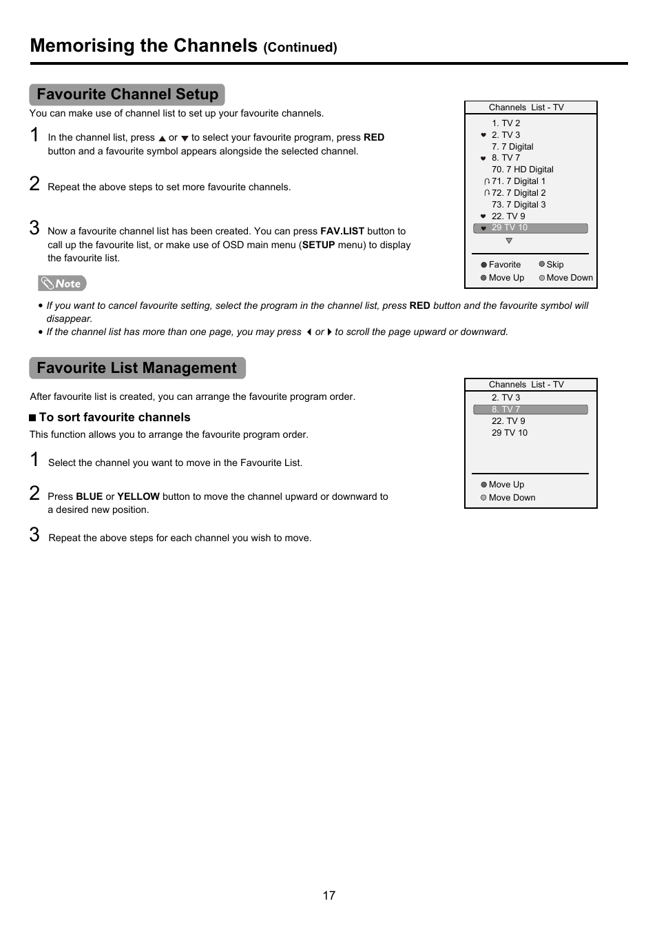Pdp4290hd-17 copy, Favourite channel setup favourite list management | Palsonic PDP4290HD User Manual | Page 19 / 32