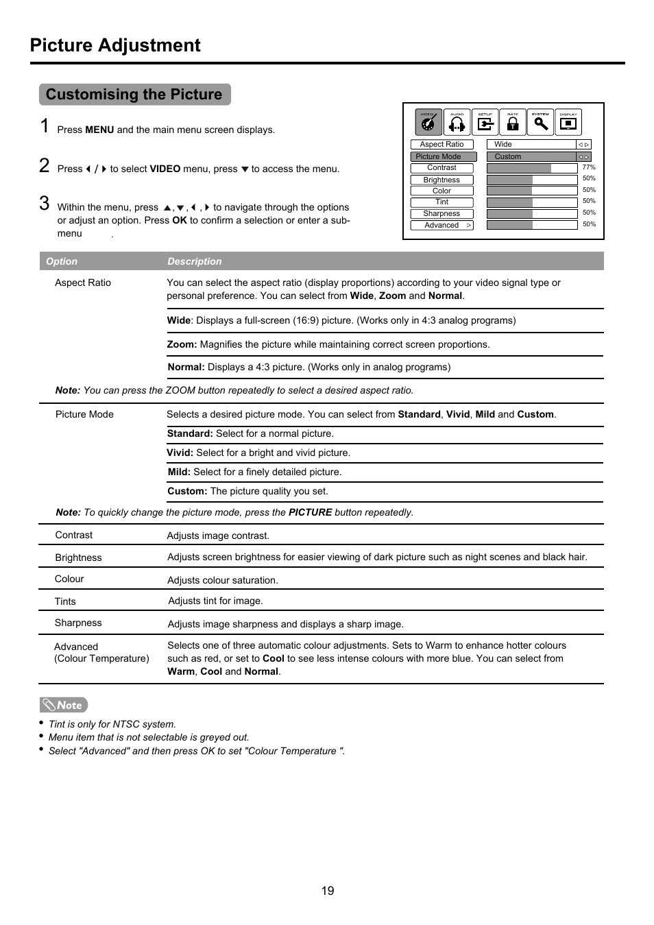 Pdp4290hd-19 copy, Picture adjustment, Customising the picture | Palsonic PDP4290HD User Manual | Page 21 / 32