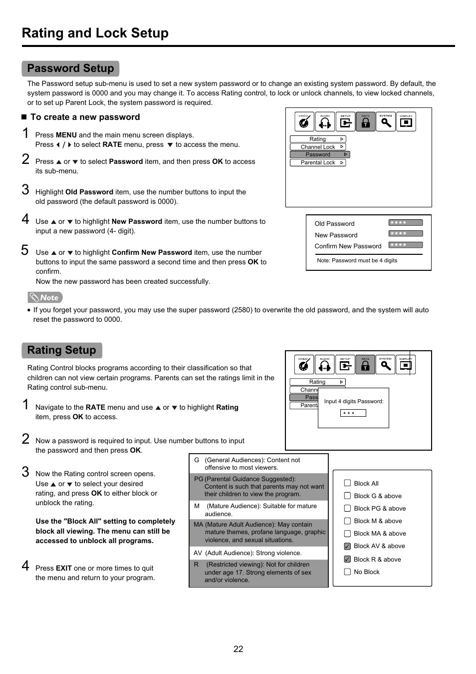 Pdp4290hd-22 copy, Rating and lock setup, Password setup rating setup | Palsonic PDP4290HD User Manual | Page 24 / 32