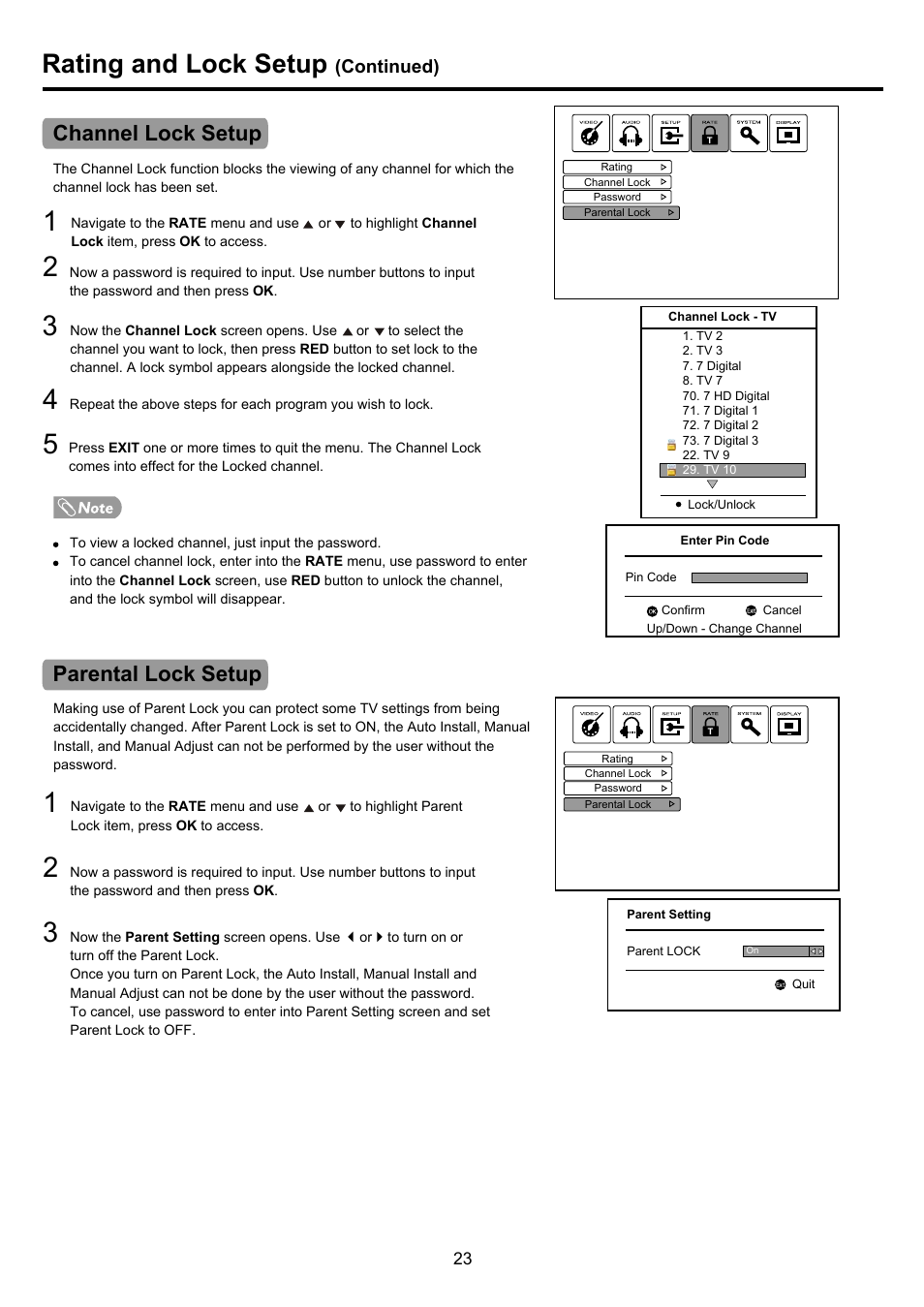 Pdp4290hd-23 copy, Rating and lock setup, Channel lock setup parental lock setup | Continued) | Palsonic PDP4290HD User Manual | Page 25 / 32