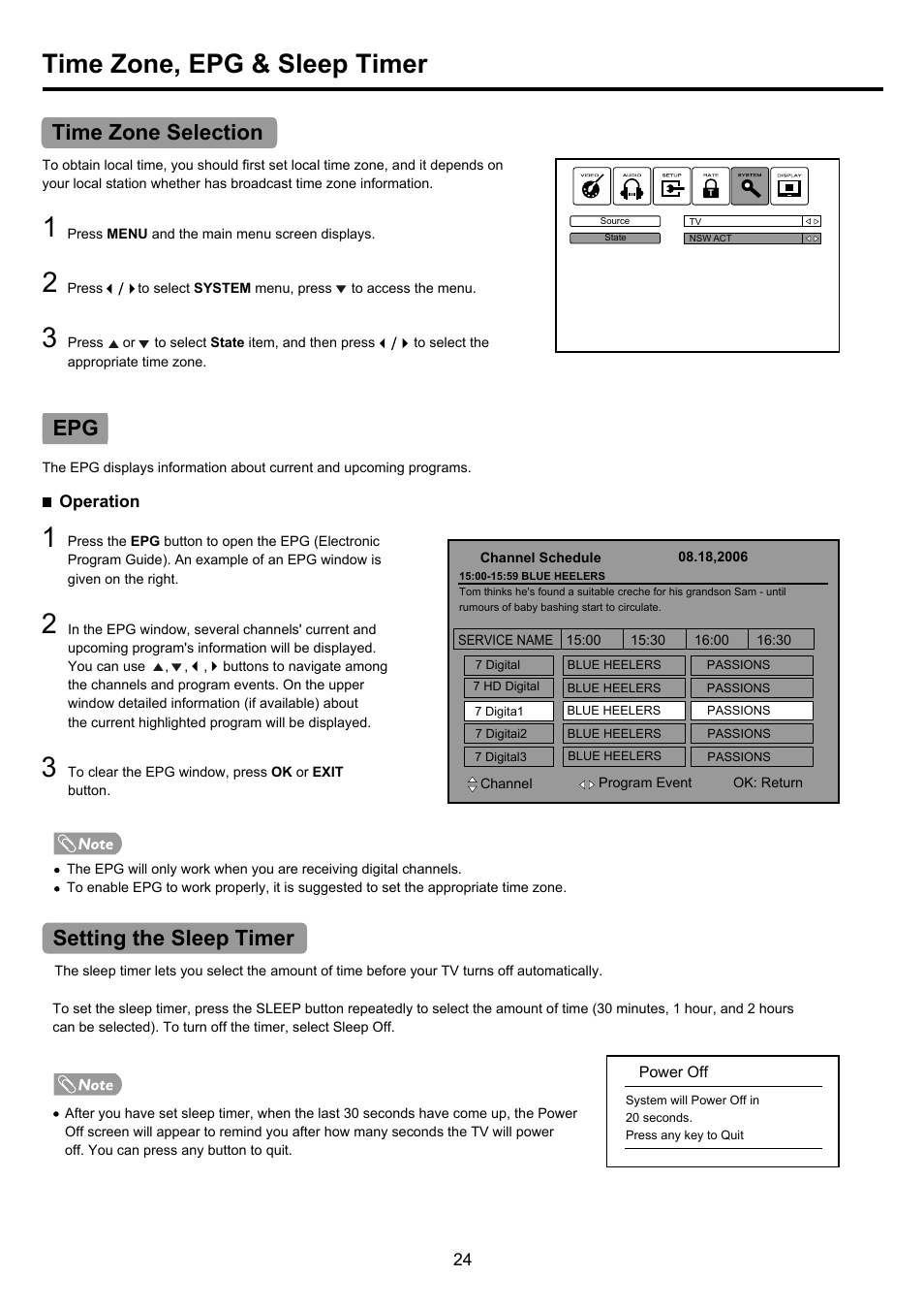 Pdp4290hd-24 copy, Time zone, epg & sleep timer, Time zone selection epg setting the sleep timer | Palsonic PDP4290HD User Manual | Page 26 / 32