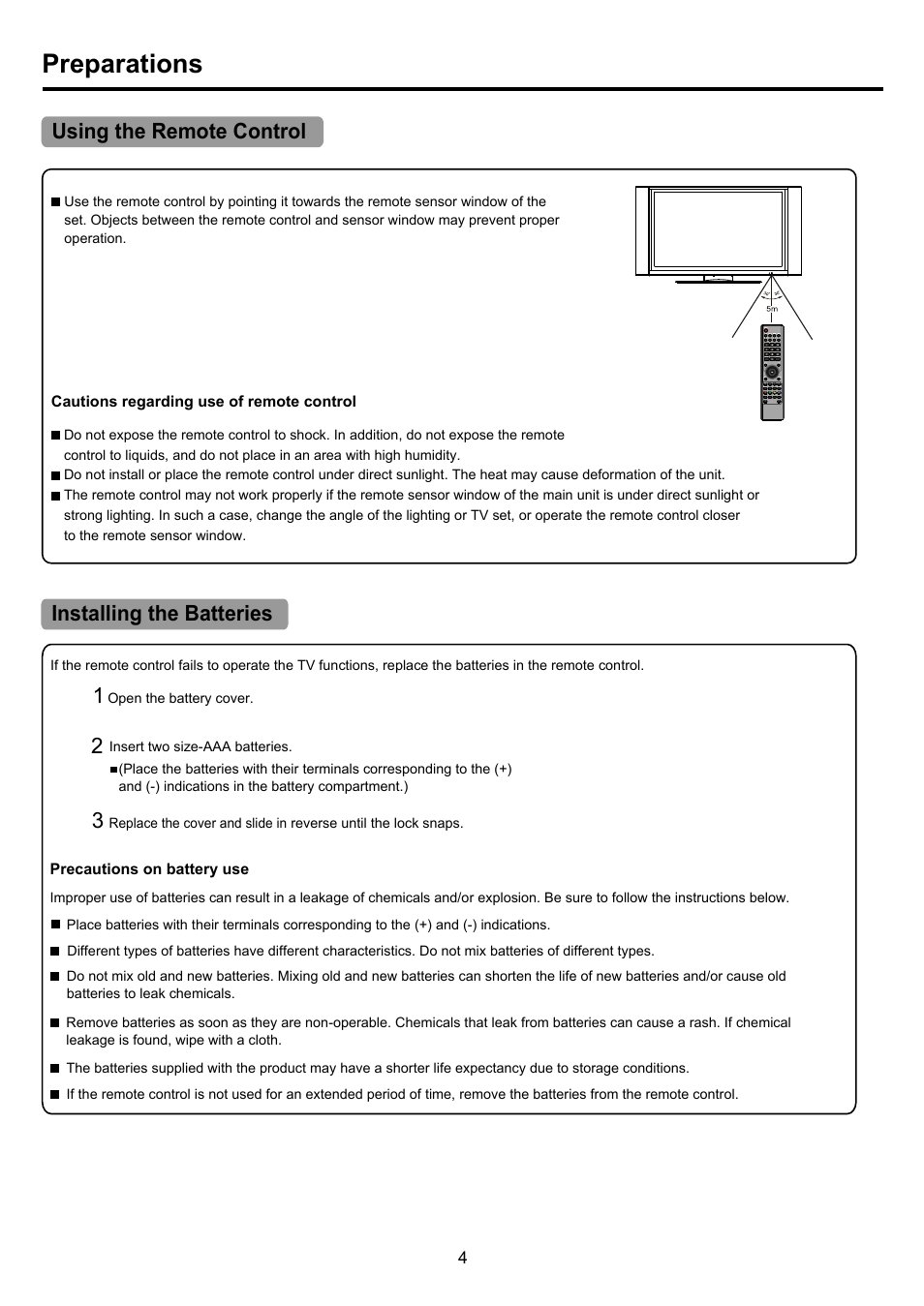 Pdp4290hd-4 copy, Preparations, Using the remote control | Installing the batteries 2 | Palsonic PDP4290HD User Manual | Page 6 / 32