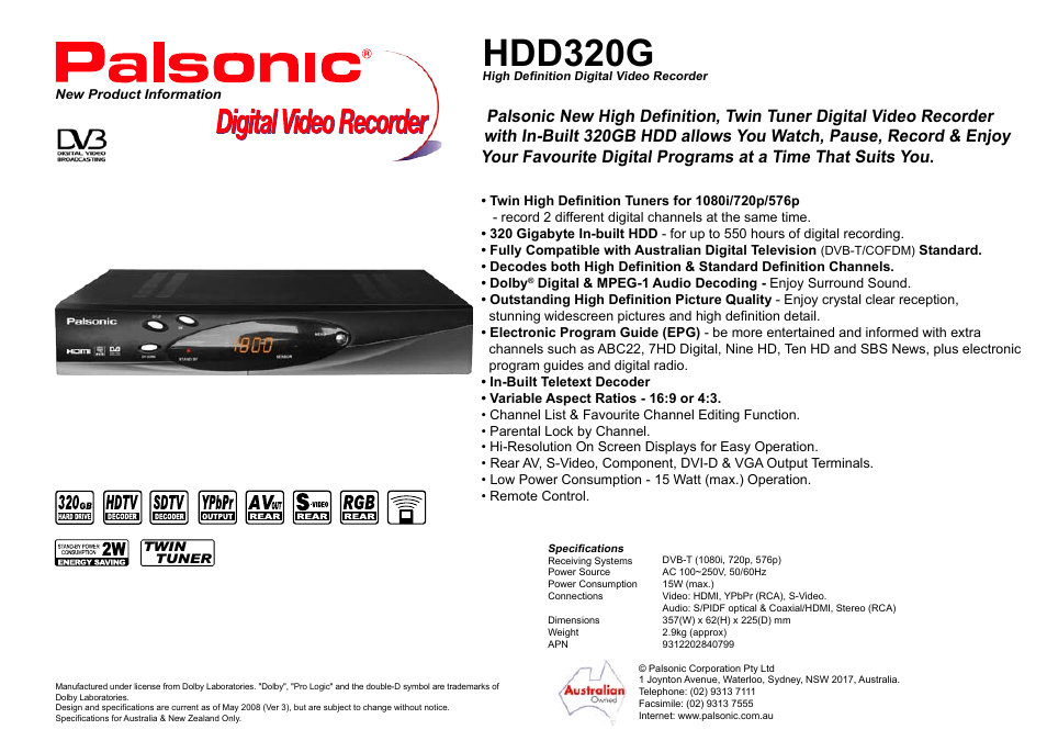 Palsonic HDD320G User Manual | 1 page