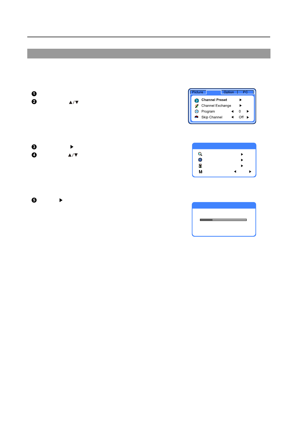 Tv menu, Menu operation, Channel setting --- auto searching | Palsonic TFTV-430 User Manual | Page 18 / 43