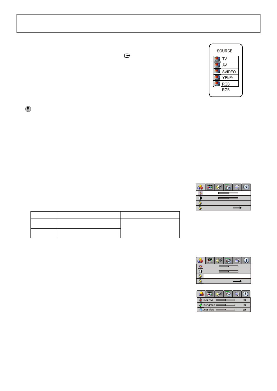Operations in rgb/ypbpr mode, Select rgb/ypbpr mode, Pc signal format | Auto adjusting, Adjusting brightness/contrast, Setting color temperature | Palsonic TFTV580 User Manual | Page 21 / 25