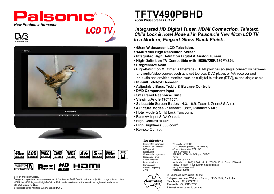 Palsonic TFTV490PBHD User Manual | 1 page