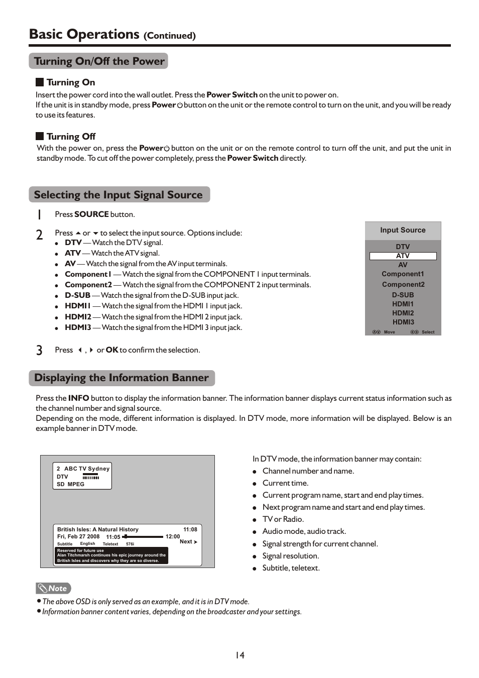 Basic operations, Displaying the information banner, Selecting the input signal source | Turning on/off the power | Palsonic PDP3280HD User Manual | Page 16 / 36