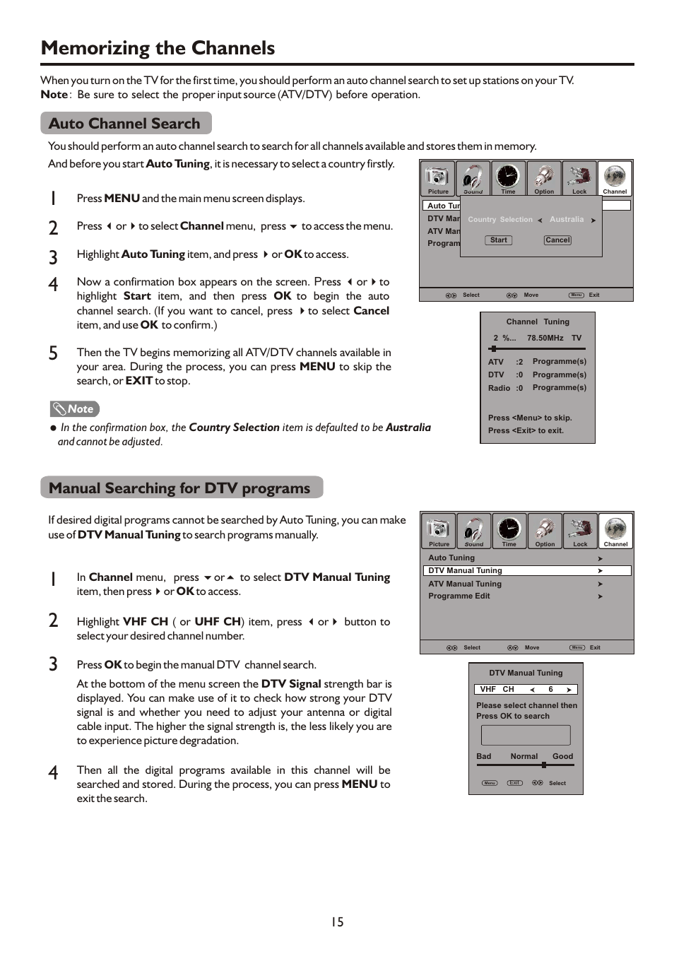 Auto channel search, Manual searching for dtv programs | Palsonic PDP3280HD User Manual | Page 17 / 36