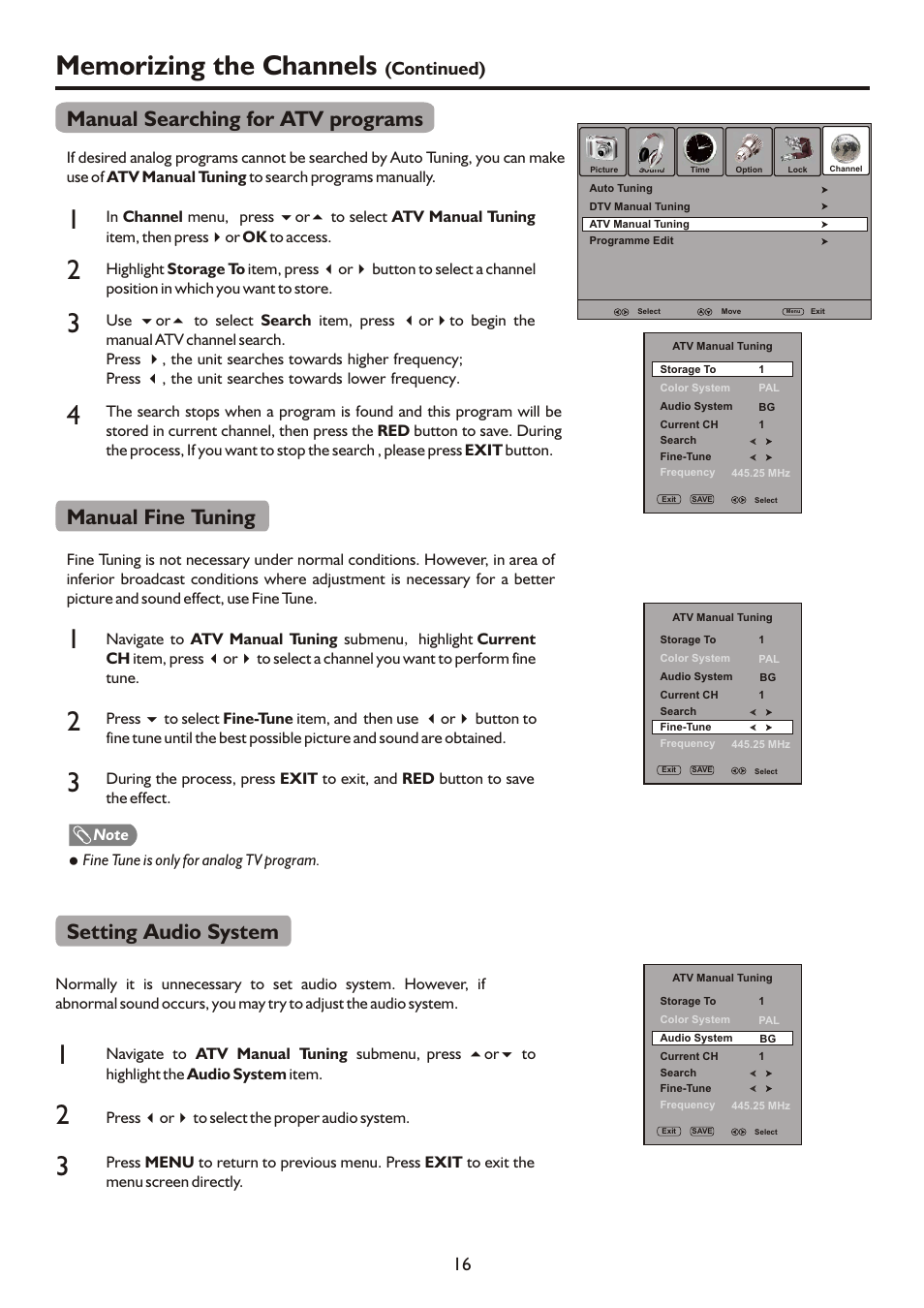 Manual searching for atv programs, Manual fine tuning, Setting audio system | Continued) 16 | Palsonic PDP3280HD User Manual | Page 18 / 36