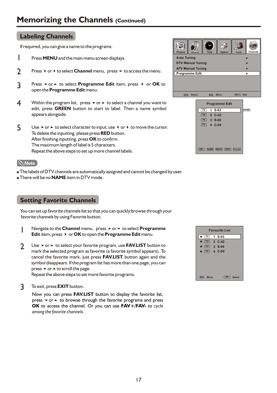 Labeling channels, Setting favorite channels, Continued) | Palsonic PDP3280HD User Manual | Page 19 / 36