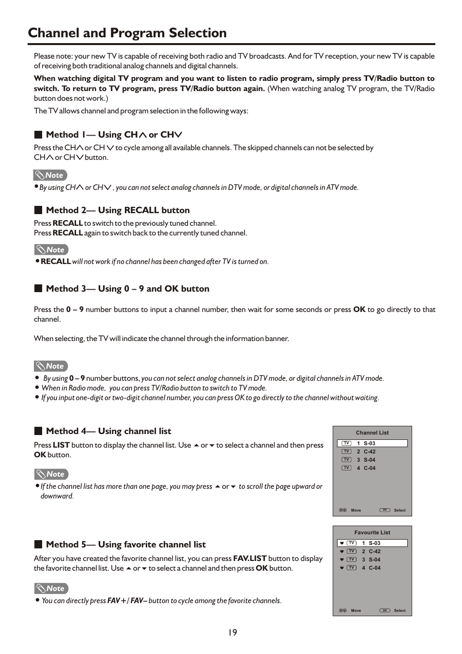 Channel and program selection, Method 1— using ch, Or ch | Method 2— using recall button, Method 3— using 0 – 9 and ok button, Method 4— using channel list, Method 5— using favorite channel list | Palsonic PDP3280HD User Manual | Page 21 / 36