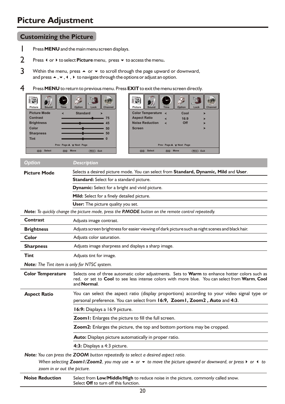 Picture adjustment, Customizing the picture | Palsonic PDP3280HD User Manual | Page 22 / 36