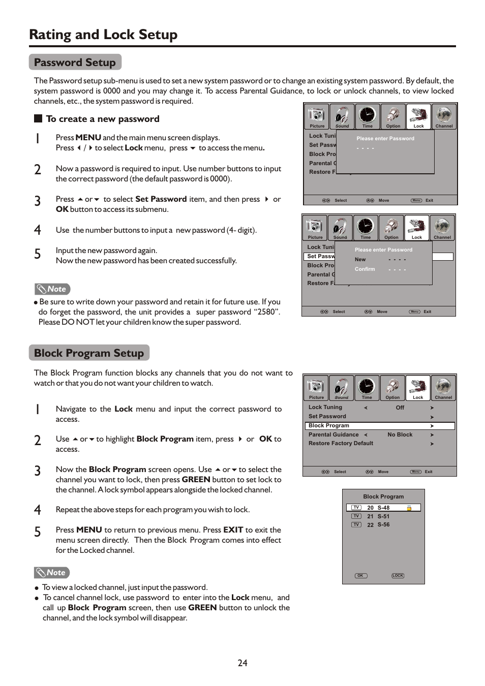 Rating and lock setup, Block program setup, Password setup | Palsonic PDP3280HD User Manual | Page 26 / 36