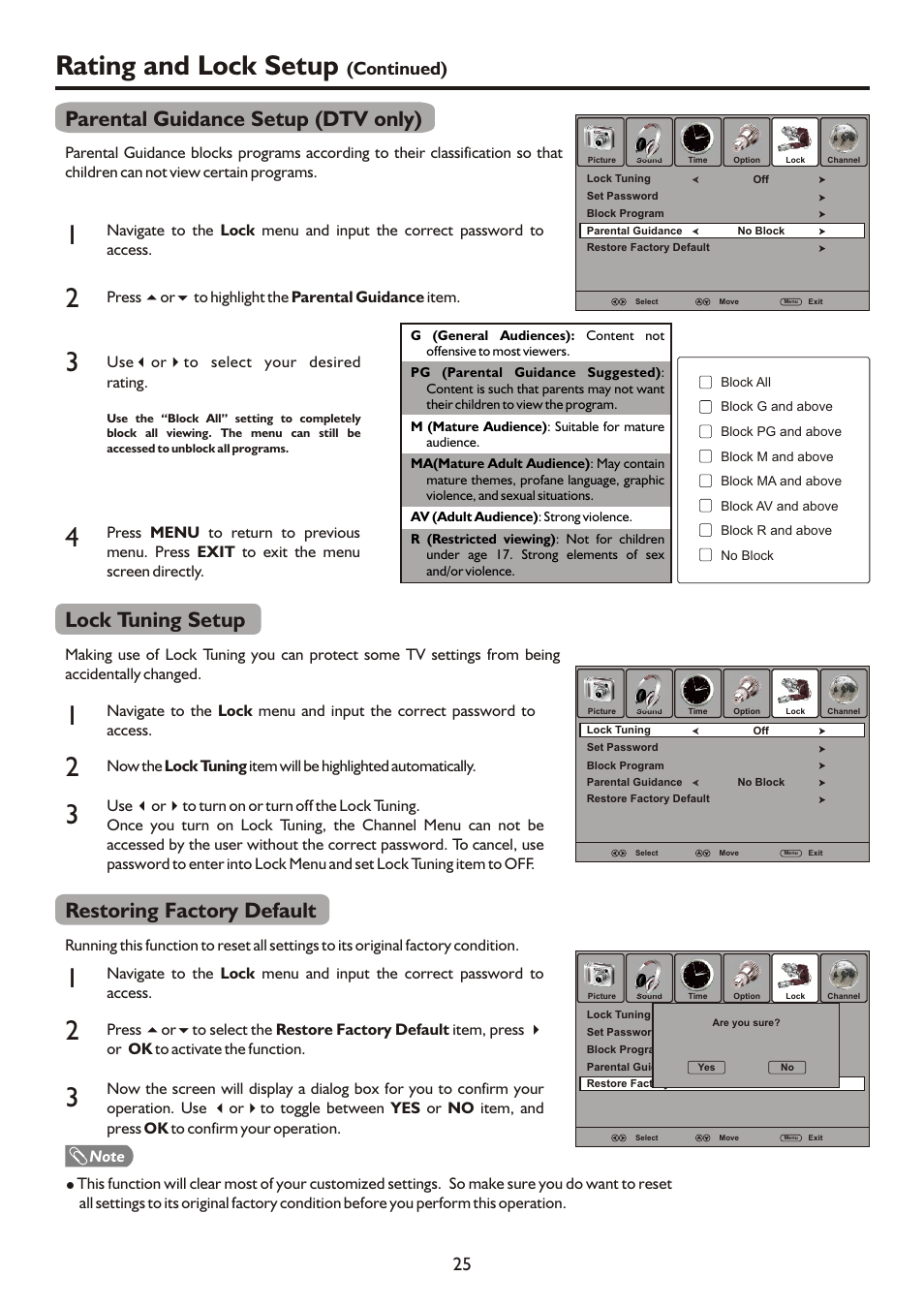 Rating and lock setup, Lock tuning setup, Parental guidance setup (dtv only) | Restoring factory default, Continued) | Palsonic PDP3280HD User Manual | Page 27 / 36