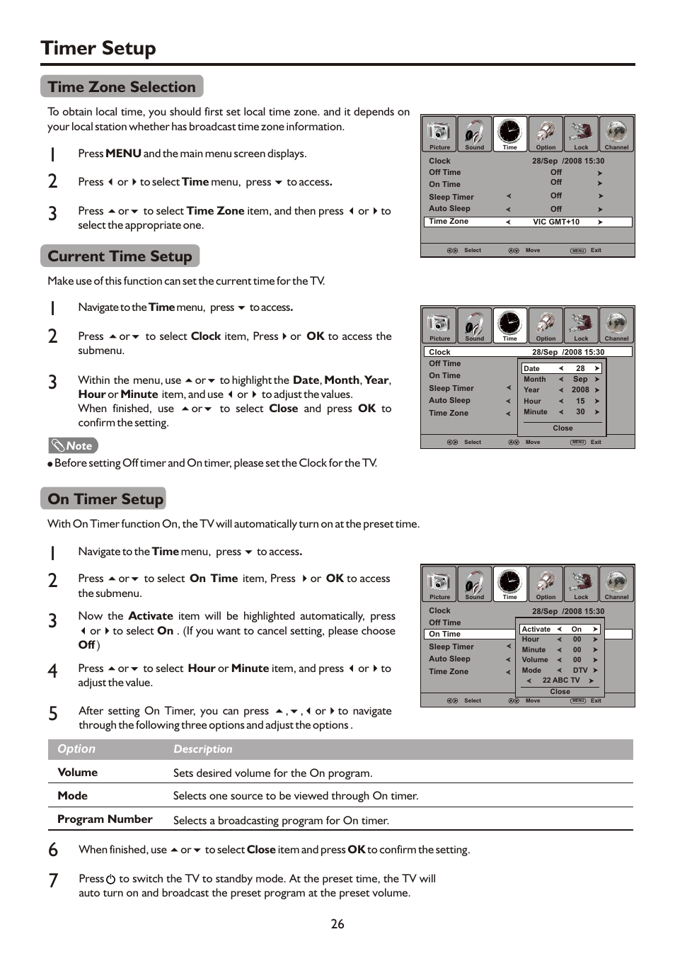 Timer setup, Time zone selection, Current time setup | On timer setup | Palsonic PDP3280HD User Manual | Page 28 / 36