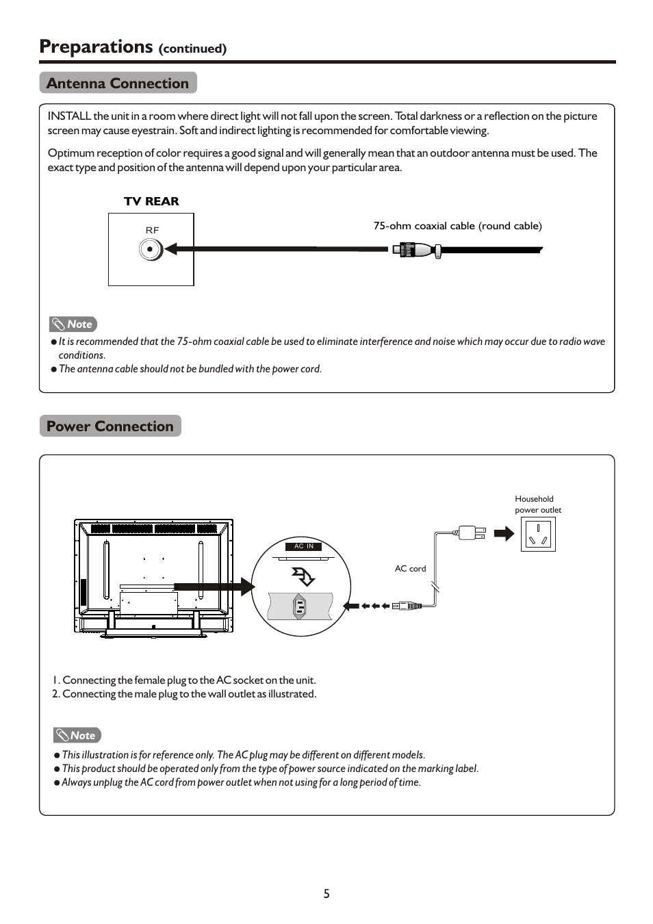 Preparations, Antenna connection, Power connection | Palsonic PDP3280HD User Manual | Page 7 / 36