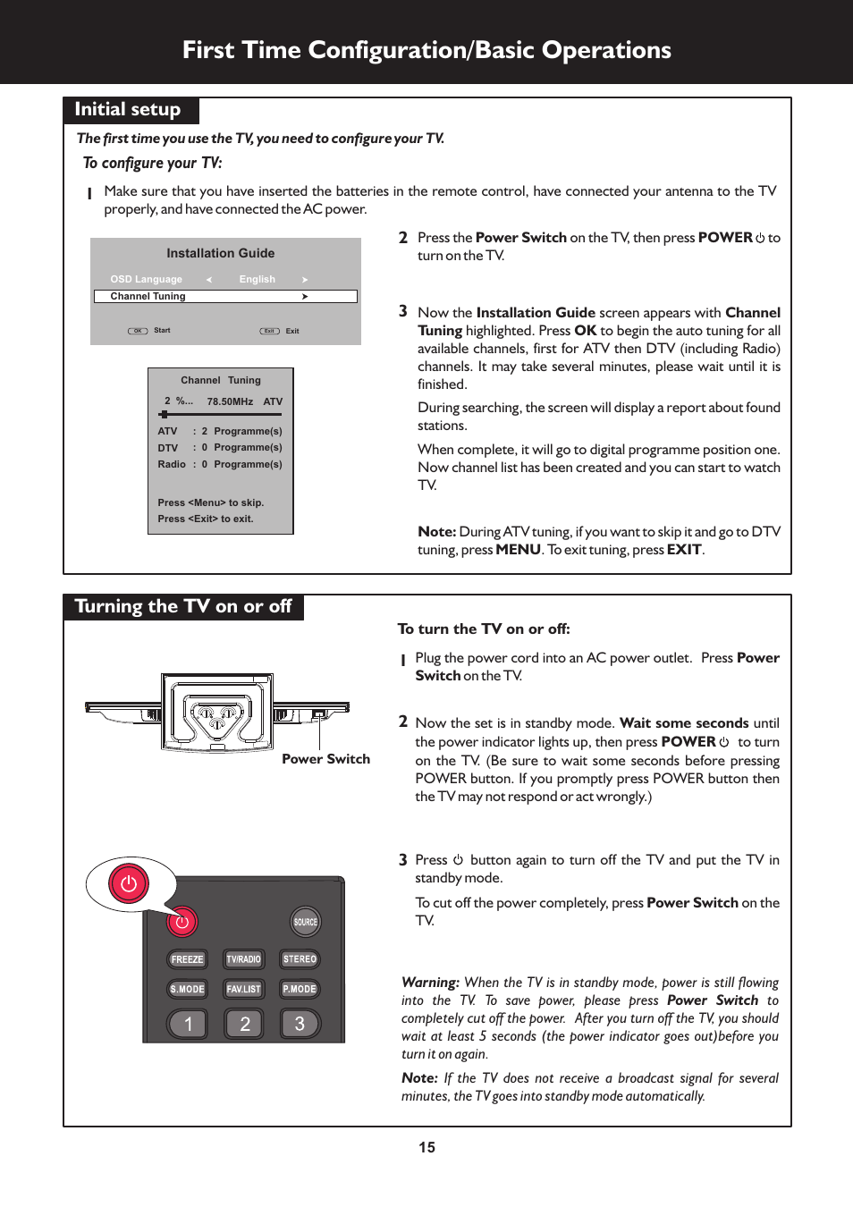 页 15, First time configuration/basic operations, Initial setup | Turning the tv on or off | Palsonic N111 TFTV553LEDR User Manual | Page 15 / 40
