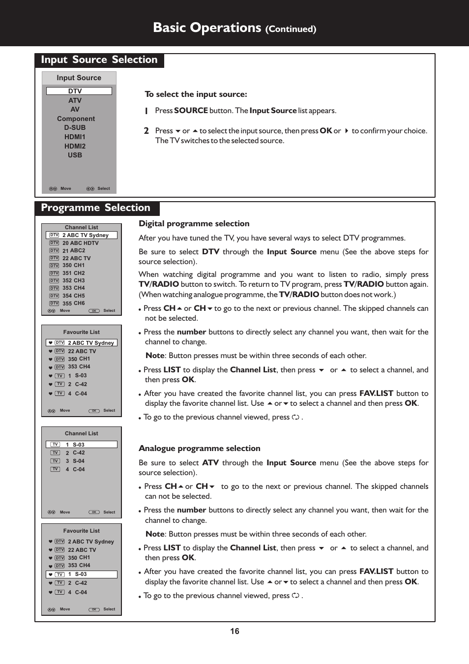 页 16, Basic operations, Input | Source, Selection, Programme, Continued), Analogue programme selection, Digital programme selection | Palsonic N111 TFTV553LEDR User Manual | Page 16 / 40