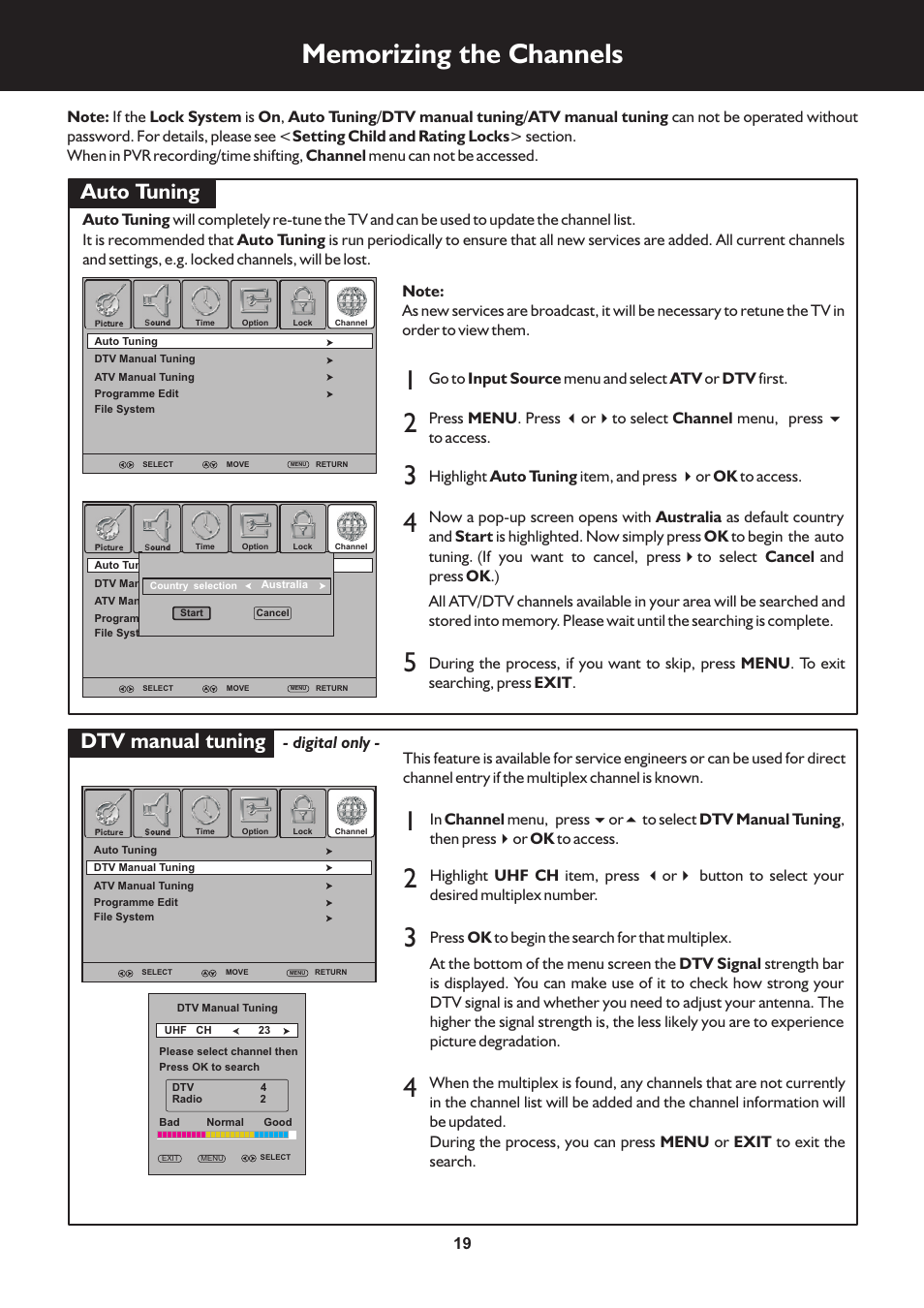 页 19, Auto tuning, Dtv manual tuning | Digital only | Palsonic N111 TFTV553LEDR User Manual | Page 19 / 40