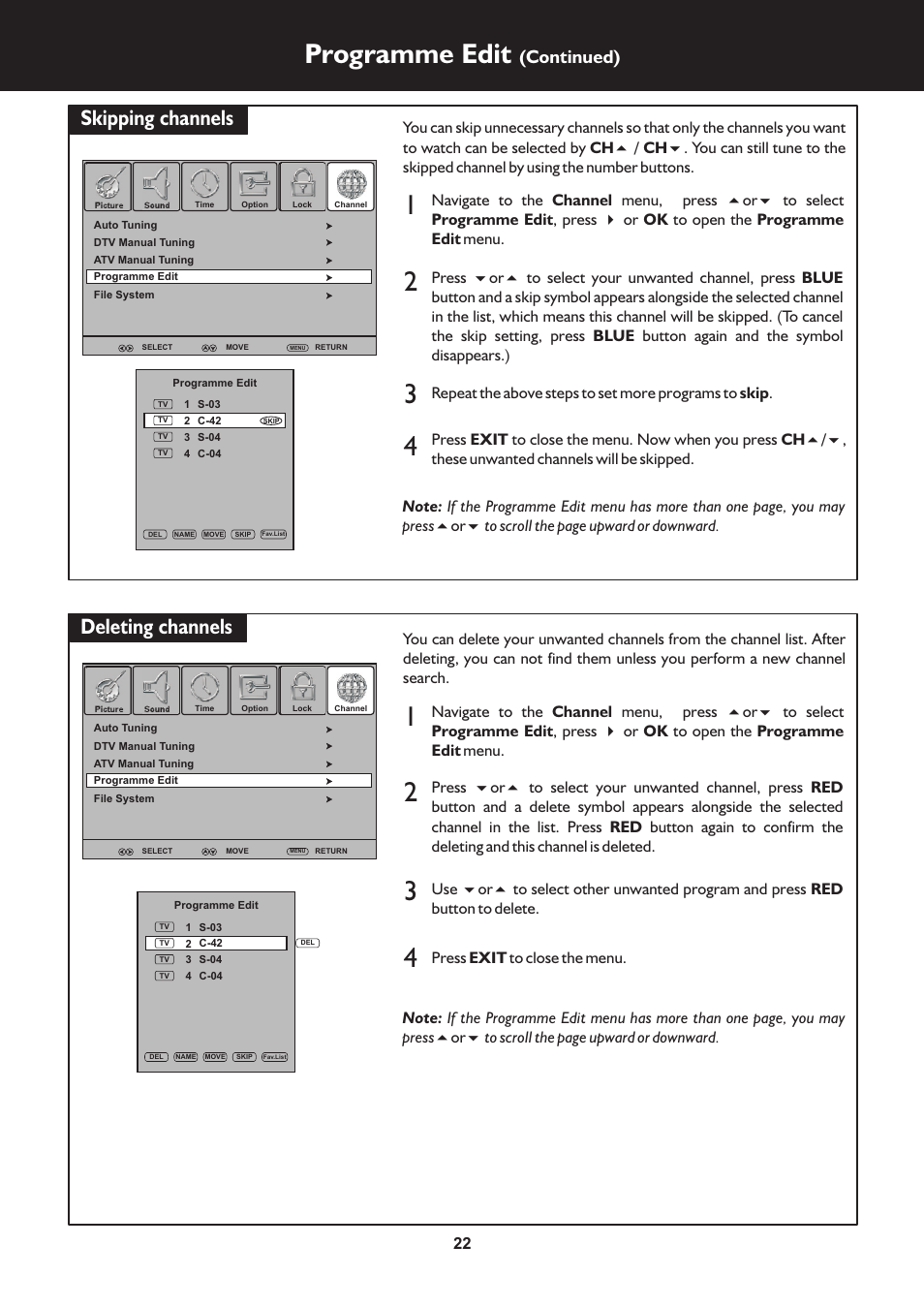 页 22, Programme edit, Skipping channels deleting channels | Continued) | Palsonic N111 TFTV553LEDR User Manual | Page 22 / 40