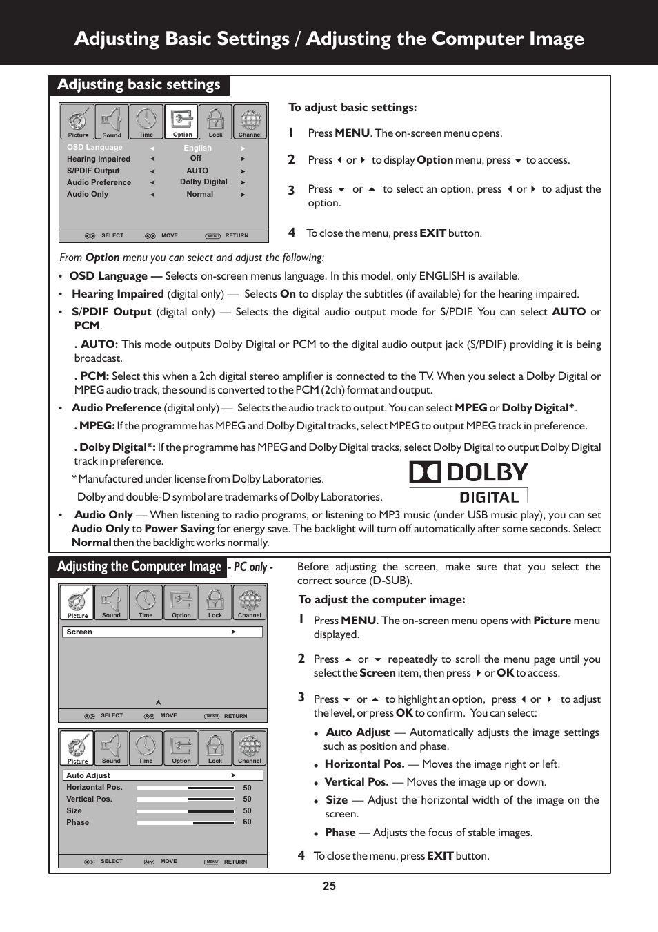 页 25, Adjusting basic settings, Adjusting the computer image | Pc only | Palsonic N111 TFTV553LEDR User Manual | Page 25 / 40