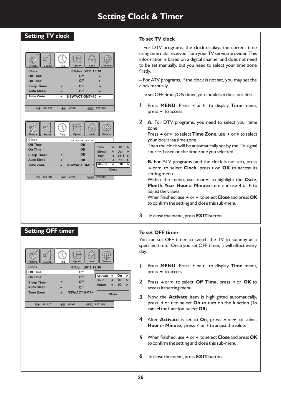 页 26, Setting clock & timer, Setting tv clock | Setting off timer | Palsonic N111 TFTV553LEDR User Manual | Page 26 / 40