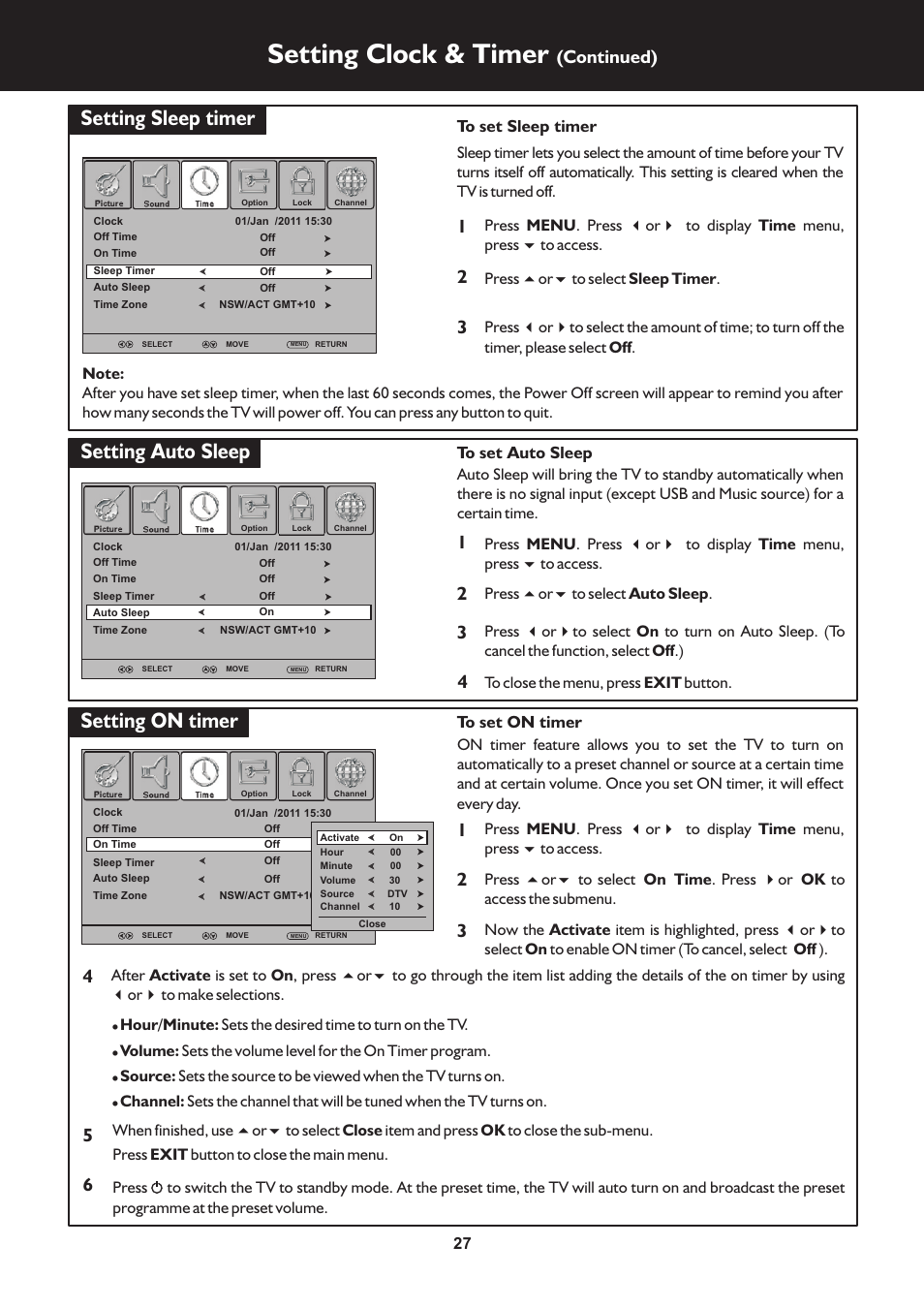 页 27, Setting clock & timer, Setting sleep timer | Setting auto sleep setting on timer, Continued) | Palsonic N111 TFTV553LEDR User Manual | Page 27 / 40