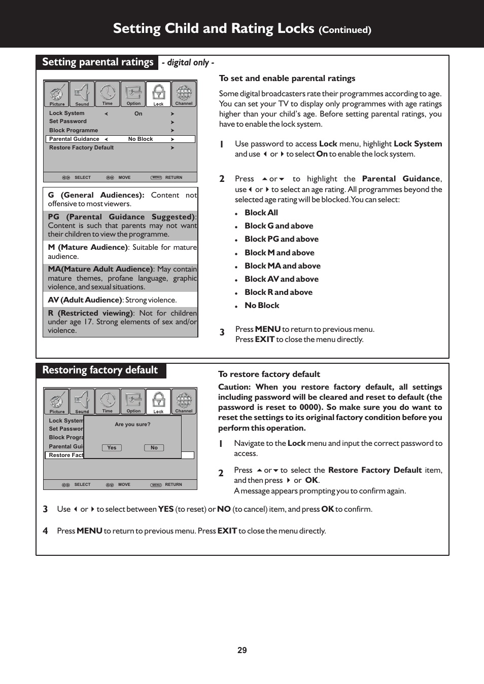 页 29, Setting child and rating locks, Setting parental ratings | Restoring factory default, Digital only, Continued) | Palsonic N111 TFTV553LEDR User Manual | Page 29 / 40